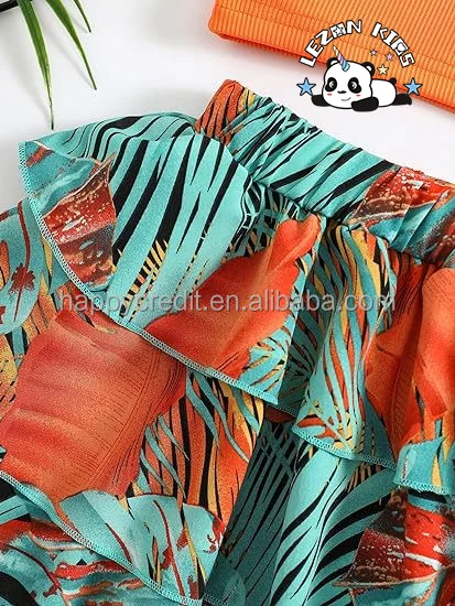 LEZONKIDS - Conjunto de 2 Peças Personalizável de Verão para Meninas, Top Halter Cruzado com Estampa Tropical e Saia em Camadas